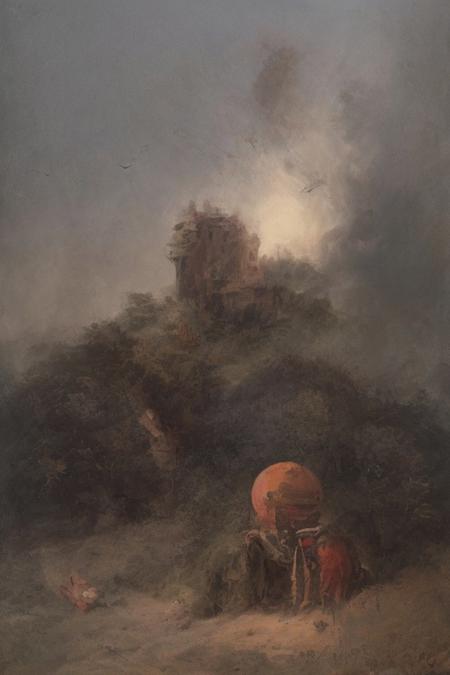 oil painting, of a castle on a cliff, forest, night, a flock of bats flying in the dark sky, reddish moon, clouds tainted red, dark theme, still life, shadows, haunted castle