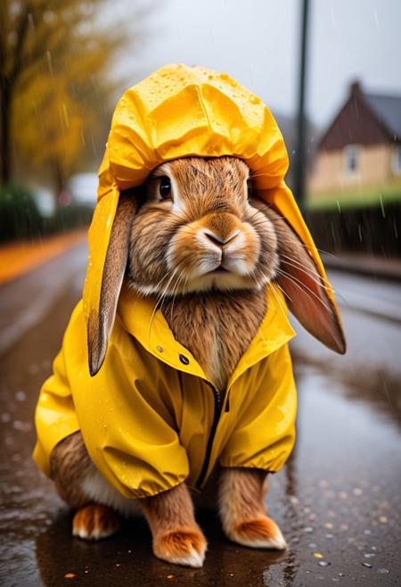 A close-up photo of an adorable brown rabbit sitting on a rainy sidewalk, wearing a yellow rain hat with soft, fluffy ear flaps. Also a yellow rain coat. The rabbit looks content and snug, with the rain landscape blurred in the background, creating a charming and warm contrast between the wet environment and the cozy appearance of the rabbit. The hat adds a cute and whimsical touch to the scene, making it perfect for an autum-themed setting.