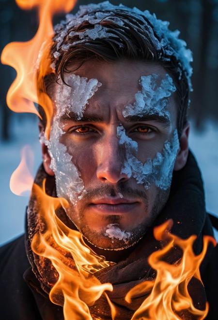 handsome man, half his face covered in ice and half his face covered in fire, fire and ice, cinematic lighting, high quality