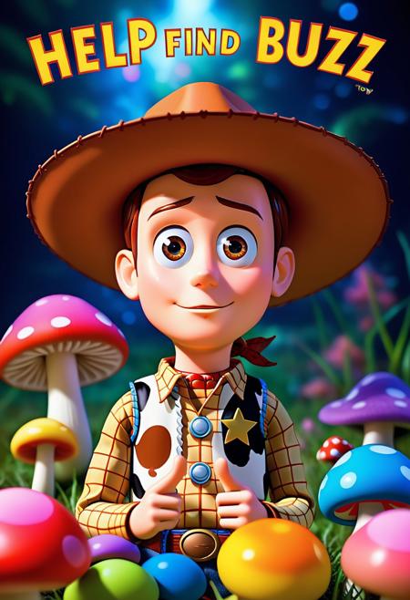 Woody from toy story with cowboy hat, big  eyes with big pupils  looking at viewer,  "HELP FIND BUZZ”, text, Woody is hallucinating. Magic mushrooms, acid trip, toys, weird, trippy
