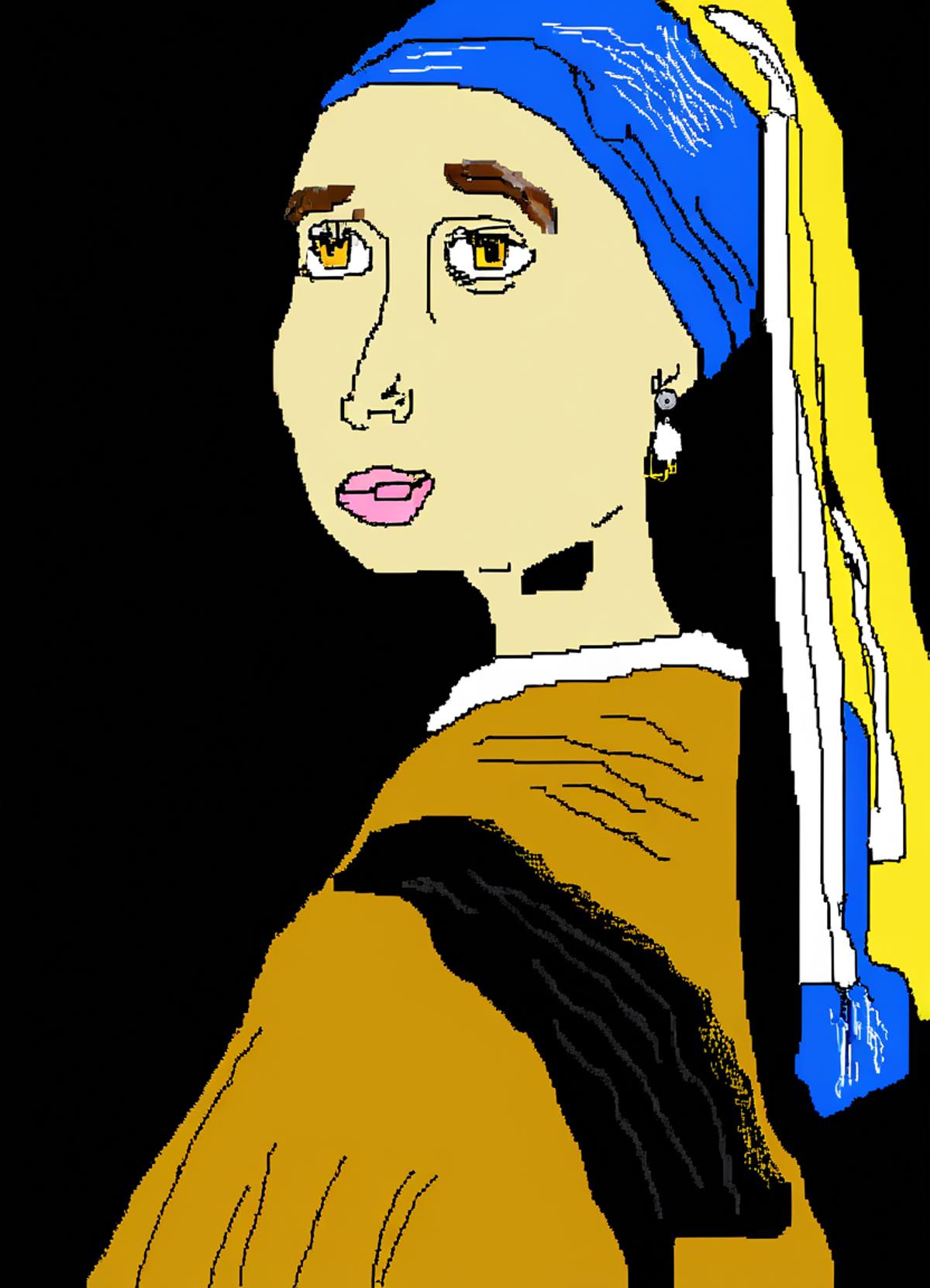 A drawing of a woman with a blue headscarf, earrings, and a yellow shawl.