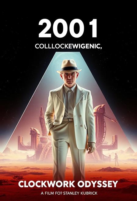 Design a striking and surreal movie poster for 2001: CLOCKWORK ODYSSEY, a blend of Stanley Kubrick’s iconic films A Clockwork Orange and 2001: A Space Odyssey. In the foreground, feature Alex from A Clockwork Orange in his classic white outfit, bowler hat, and disturbing single eyelash. He stands against a backdrop of space, with the HAL 9000 red eye ominously glowing in the distance. The monolith from 2001 looms behind him, while elements of the dystopian, urban world of Clockwork Orange are subtly integrated into the vast, sterile spacescapes of 2001. The color palette should feature the warm oranges and blacks of Clockwork Orange contrasted with the cool whites and blues of 2001. At the top or bottom of the poster, boldly display the title 2001: CLOCKWORK ODYSSEY, fusing the typography styles of both films. Below the title, add: ‘A Film by Stanley Kubrick,’ to highlight the legendary director’s vision