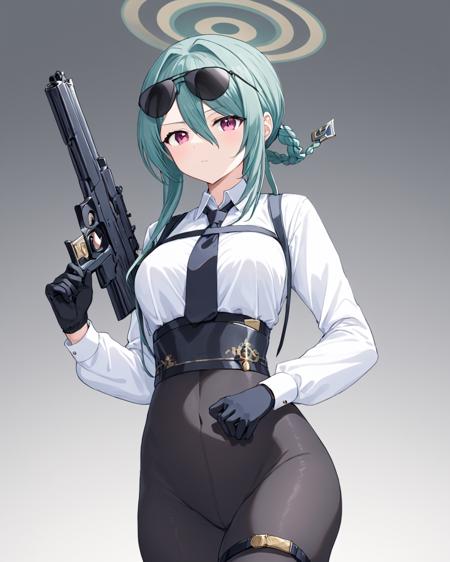 mina \(blue archive\),1girl, solo, breasts, looking at viewer, simple background, shirt, gloves, long sleeves, white background, holding, medium breasts, closed mouth, white shirt, braid, pantyhose, necktie, black gloves, holding weapon, blurry, halo, sunglasses, holding gun, black necktie, eyewear on head, handgun, dual wielding <lora:Mina_image58_v1:1>
 gorgeous,key visual, vibrant, studio anime,award-winning, professional, highly detailed,high budget, cinemascope