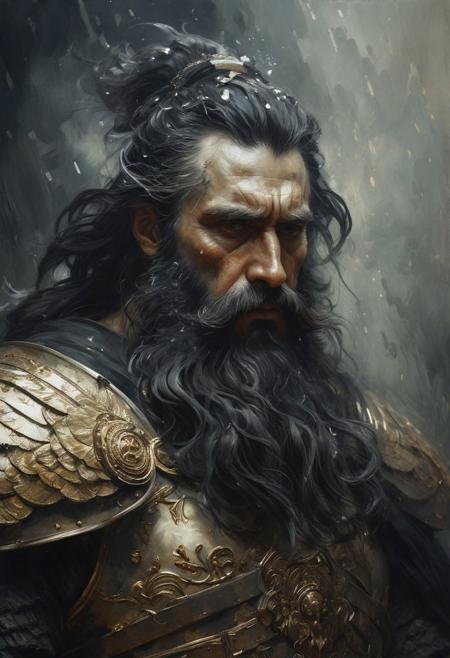 masterful painting in the style of Anders Zorn | Marco Mazzoni | Yuri Ivanovich Pimenov, oil on canvas,
adaptive and halcyon atmosphere with dispersion, refined details, cloud, Hades the  ancient greek God, old mature, black long hair, black long beard, grunge armour, 
(brown and ivory dark blue colors:0.1),  (center composition, symmetry:0.1), style by nty, at night, dramatic lights, dynamic shadows, cinematic scene, fog, mist, it's snowing,  ruins of Neo Tokyo city at the background,