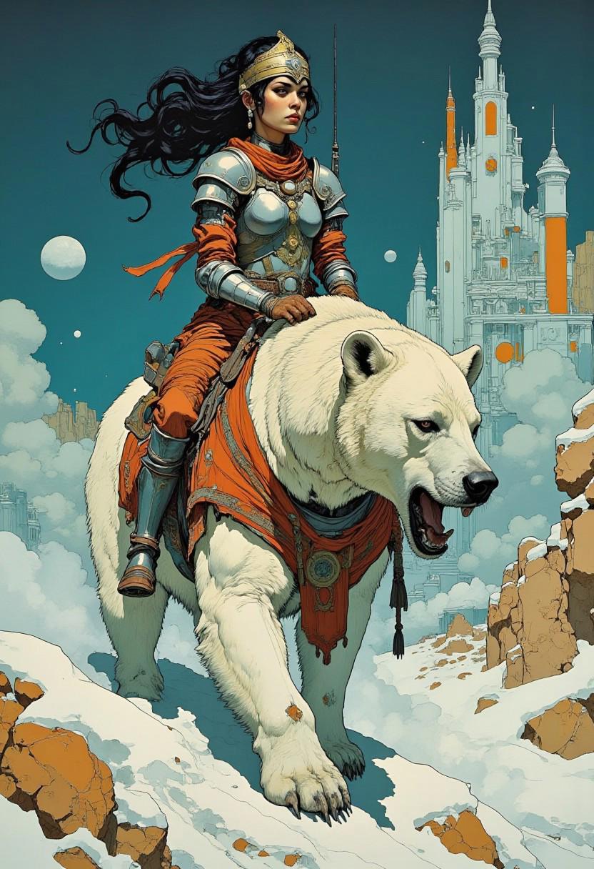 A woman in armour, riding a war Polar bear, African tribal elements, dramatic scenery, snow, space colony behind, cyberpunk