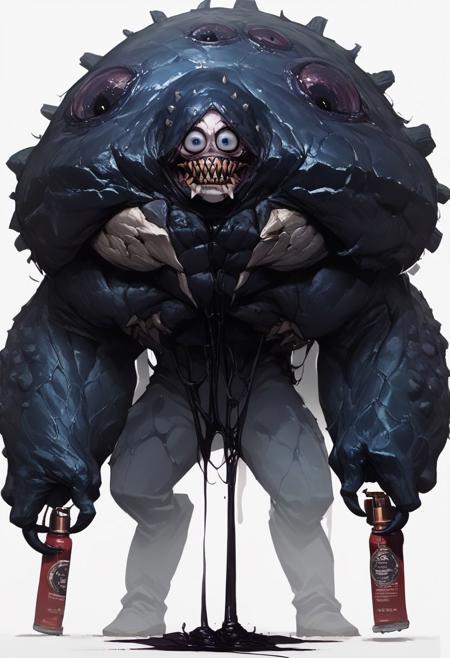 score_9, score_8_up, source_anime, creature made of black oil, shiny, wild, huge eyes, jagged teeth, white background