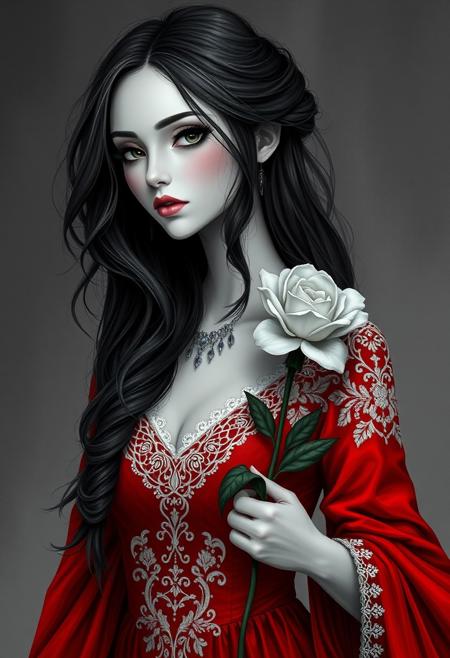 a woman in a red dress holding a flower, digital art, inspired by Nene Thomas, tumblr, gothic art, gray scale, dressed in white intricate lace, beauty woman with detailed faces, with long hair, photo pinterest, detailed airbrush art, cartoon art, detailed artwork, instagram art