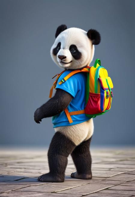 A detailed realistic of adorable cute baby panda going to school, wearing a colorful backpack, HDR