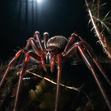 highly detailed documentary photo of giant spider:1.3,

solo, ((distant shot)), ((black body)), ((hairy body)), dark forest, night,

masterpiece, best quality:1.1, 

ultra photoreal, photorealistic:1.0, sharp focus:1.1, 
depth of field:1.1, 

50mm, style of Nathan Wirth, Hasselblad X1D II, Porta 160,
