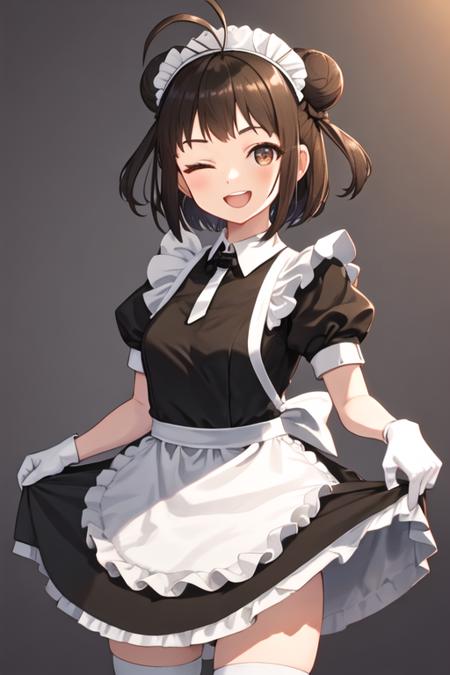 best quality, masterpiece, highres, solo, {maid:1.40}, {long maid dress:1.15}, {naka_kantaicollection:1.15}, double_bun, hair_bun, brown_hair, short_hair, antenna_hair, brown_eyes, smile, serafuku, open_mouth, one_eye_closed