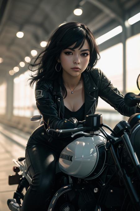 ((masterpiece)),(highres), original, (extremely detailed 8K wallpaper), (beautiful and clear background:1.4), (depth of field:0.5),award winning,(Surrealism:1.5), lens flare,shade, backlighting, depth of field, natural lighting,   hard focus, film grain, photographed with a Sony a9 II Mirrorless Camera, by Laurence Demais, blurry background,
a lovely girl on motorcycle,detailed face, face focus, xuer future motorcycle,