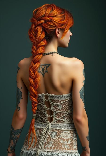 1 girl, 24 years old, tonned body, skinny body, (heavy breast 1.6), laced hippie dress, deep cleavage, tattoos, orange gradient hairs, heavy braid, pink lips, wet skin, round firm ass, view from rear, 8k, ultra detailed skin texture, ultra realistic skin texture