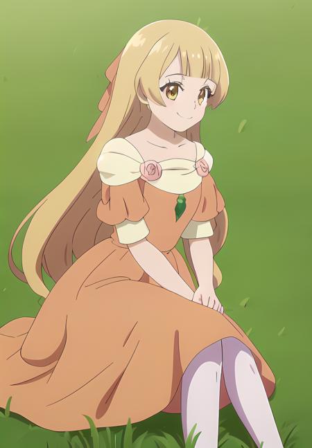 <lora:Tiara_Royal_Ivy:0.8>, Tiara_Royal_Ivy, 1girl, solo, smile, orange dress, long skirt, sitting, grass, pantyhose,