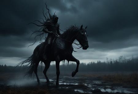 deep dark night, dark cloudy sky, forest, swamp, eldritch abomination, huge human creature on horse made of organic amorphous shapes, chaotic forms, unsettling textures, organic textures, horror, bones, smoke, surreal, whispers from the void, haunting emanations, incomprehensible horror, eerie, otherworldly, grotesque amalgamations, glazing, scumbling, dramatic, volumetric light, natural light, rain, noir dark fantasy gothic style