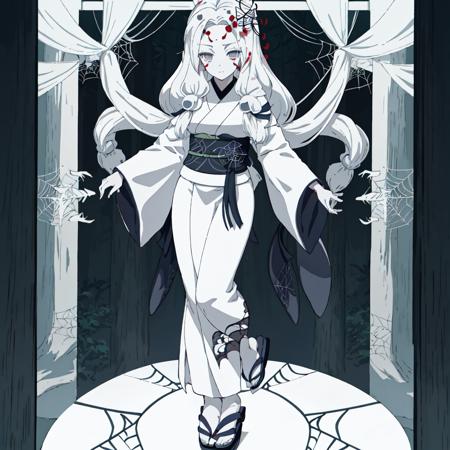 Spider_Demon_Daughter, 1girl, solo, long hair,hair ornament, white hair, japanese clothes, wide sleeves, white kimono, grey eyes, facial mark, silk, spider web print, sandals