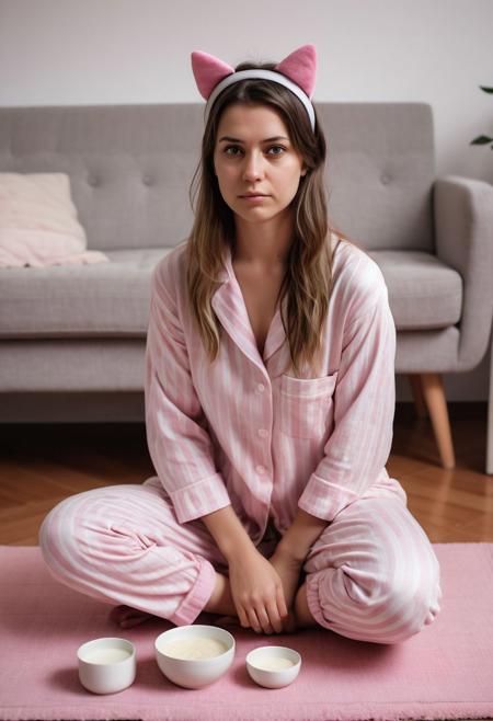 A highly realistic photograph of a 30-years old girl in pajamas kneeling on a small rug, looking at the camera. She is wearing a headband with cat ears and there is a bowl of milk on the floor beside her. The room is minimalist, decorated in shades of pink and white, creating a soft and cozy atmosphere.