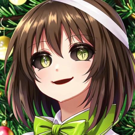 <lora:black_sclera3:1.0> , black_sclera, colored sclera, brown hair, green eyes, hair ornament, musical note, ribbon, short hair, smile