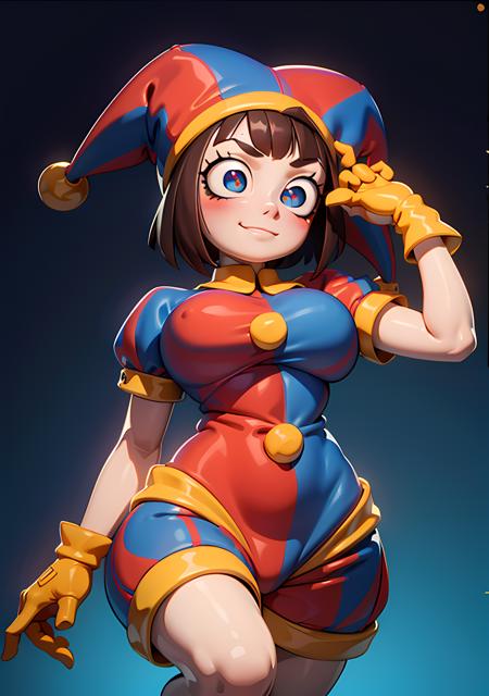 (Pomni, one leg up, hands on face, cute:1.2), (jester cap, gloves, puffy short sleeves, red eyes and blue eyes, striped ), large breasts  happy, smile, looking at viewer, cute, from below, crazy eyes, 
(multicolored background:1),(dynamic pose:1.2),(dynamic angle:1), (cowboy shot:1.2),
(masterpiece:1.2), (best quality, highest quality), (ultra detailed), (8k, 4k, intricate) ,(ambient light:1.3), realistic, render, unity,
 <lora:Pomni_character:0.7> <lora:3DMM_V11:0.55> 3DMM,