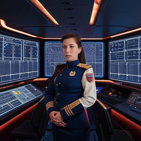 Create an image showcasing Captain Nova, the fearless leader of the starship Odyssey, standing on the bridge with an air of authority and determination. Surround her with the futuristic technology of the ship's command center, including holographic displays, control panels, and a panoramic view of the stars through the observation windows. Highlight Captain Nova's distinct uniform, adorned with insignias of honor and rank, as she issues orders to her loyal crew.