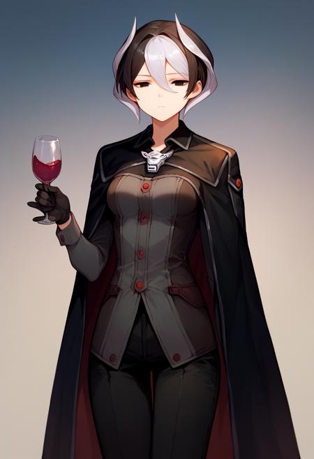 ozen black cape, black jacket, long sleeves, black gloves, black pants, whistle