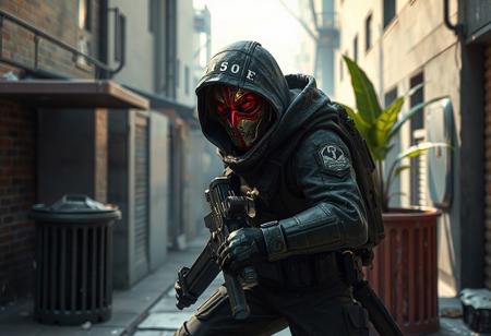 Action stone sentry, red & gold mask, black tactical suit, gray urban scene, trash can, green plant, dynamic pose. Dramatic lighting, octane render, Unreal Engine 5, splash ink illustration, Raphael & Houdini style, CGSociety, Artstation trending, 4k, hyperdetailed face & clothes, golden ratio, beautiful matte painting, isometric view.