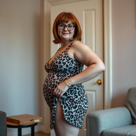 full body shot chubby woman forty years old 5'7" red shoulder length hair glasses animal print mini dress,  
interior view livingroom door closed behind her
 pizza box on table beside door
pulling up skirt past thigh