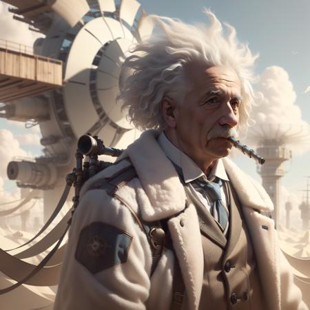 <lora:WindTech-15:0.8>, windtech , scifi, wind turbines and fans , pipes ,  (cyberpunk:0.7), 
man , Albert Einstein, <lora:Albert Einstein:0.8> , scientist coat, solo focus, upper body,