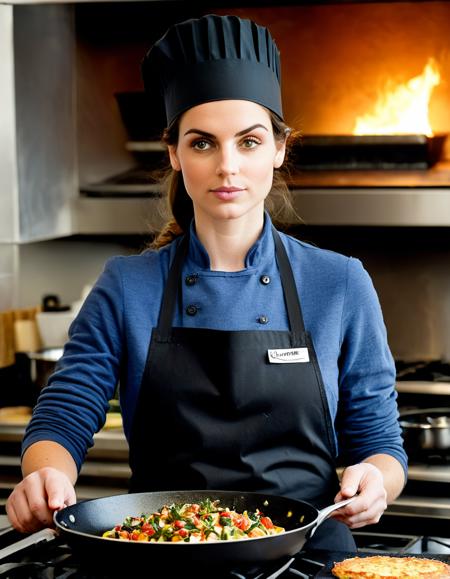 <lora:4n4d34_SDXL_SGX:1>,(close-up) photograph of (beautiful 26 year old) (4n4d34:1.2) woman with dark hair,as a master sous chef,wearing a sous chef apron and hat, culinary expertise and creativity, in a bustling restaurant kitchen, filled with the aroma of delicious dishes, meticulously preparing a gourmet meal, cuisine fusion of flavors, blending different culinary traditions, sizzling pans and chopping ingredients,dramatic,facing viewer,serious expression on face, (pan with grease fire in distant background),face focus,sharp focus,depth of field,facing viewer,rich details,clear shadows and highlights,realistic,highly detailed,