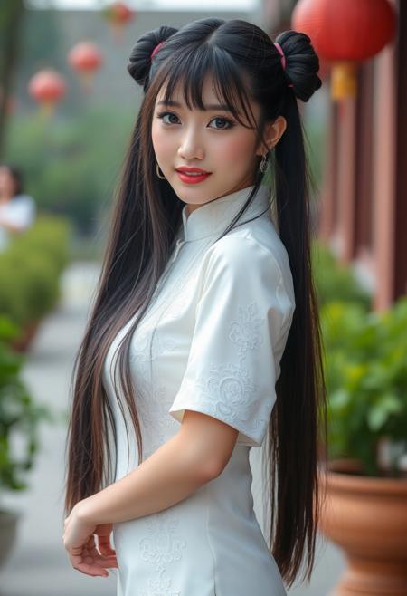 a gorgeous 20 years old asian woman, very pale skin, very long black hair in pigtails buns and bangs hanging down, long black eyelashes, black mascara, black eyeliner, big brown eyes, pink sparkling smokey eyes eyeshadow, luscious sensual pink glossy lips with light pink highlights, rosy rouge, sexy elegant curves, White Lace Cheongsam Short Sleeve Traditional Vintage Dress with Slim Embroidery, looking at viewer sensually and dominantly, Oriental Outdoors