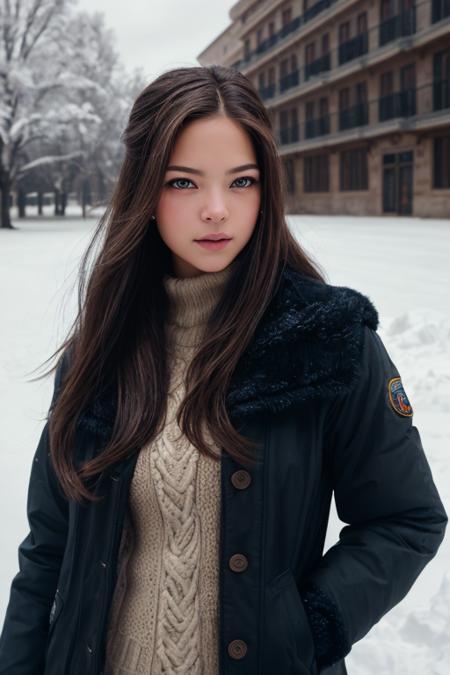 masterpiece, best quality, (((photographic, photo, photogenic))), (((half-body photography)), (detailed face, detailed nose) 30 years old woman embedding:Kristen_Kreuk-1-4400, ((hips)), ((looking at viewer)), long hair, (warm winter dress), jacket, winter scene, snow, camera f1.6 lens, rich colors, hyper realistic, lifelike texture, dramatic lighting