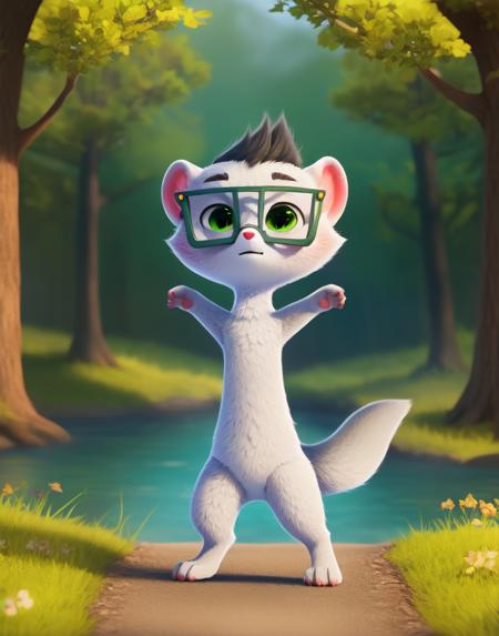 GoshaWeaselCartoon silver fur, green eyes, Weasel, square dark green glasses, ermine, light blue T-shirt and lime green tank top, emerald green shorts, green sneakers with white soles and orange laces, dark green bracelet