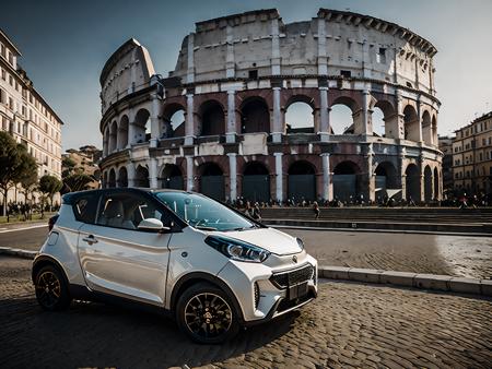 1(drc city car) (red, white and green colors:1.2) in Rome, Colosseo in the behind, masterpiece, best quality, highly detailed background, perfect lighting, best quality, 4k, 8k, ultra highres, raw photo in hdr, sharp focus, intricate texture, ultra masterpiece, high quality, dgtlv2 <lora:drccitycar_v0.3-000005:1>