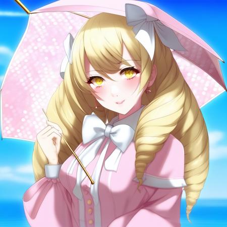 maribelle_(fire_emblem), blonde hair, drill hair, yellow eyes, hair bow, long hair, hair between eyes, 1girl, 