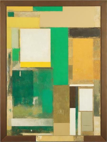 <lora:RobertRauschenberg:1>an abstract painting with yellow, green, and white colors on a brown background by Robert Rauschenberg