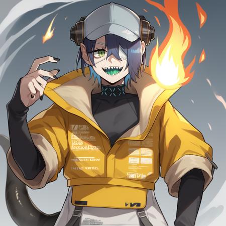 asbestos_arknights short hair, blue hair, sharp teeth, colored tongue,hair over one eye, eyepatch, lizard tail, yellow jacket, black bodysuit, sneakers, white baseball cap,  