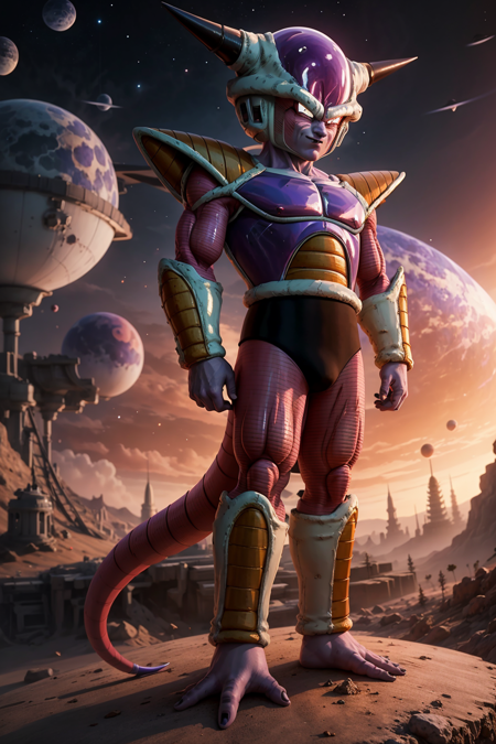 masterpiece, best quality, frieza, 1boy, red eyes, horns, clenched hands, earth \(planet\), saiyan armor, full body, looking at viewer, male focus, tail, planet, solo, space  <lora:FriezaFirstForm:1>