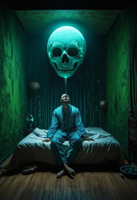 Epic scene, art depicts a person in blue-striped pajamas, sitting on a bed in a dimly lit room. The figure's face is partially distorted, melting into a surreal, glowing orb hovering in front of them. The orb reflects the person's face, creating an eerie and dreamlike effect. The room is detailed, with a wooden bed, a small table with various objects, and a green wall in the background, art leans heavily towards surrealism, with its dreamlike quality and the blending of reality with the fantastical. The melting face and glowing orb invoke a sense of the uncanny, common in surrealist works, by Beeple and Wojtek Fus and Aeforia, movie poster, extremely detailed, hyper resolution, cinematic lighting