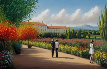 (style of Josh Adamski:1.15), a painting,scene painting,scenery, arboretum ,hacienda ,terrace , Plateau ,