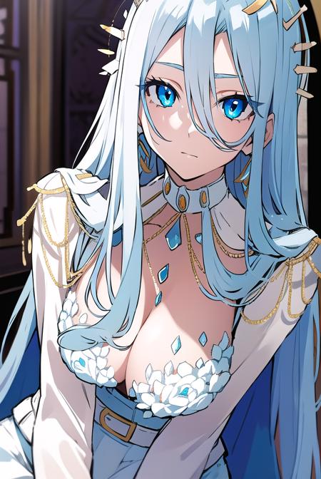 amalee, blue eyes, white hair, long hair, colored inner hair, eyes visible through hair, multicolored hair, belt, blue cape, cape, choker, collarbone, earrings, halo, jewelry, pants, white belt, white choker, white pants,