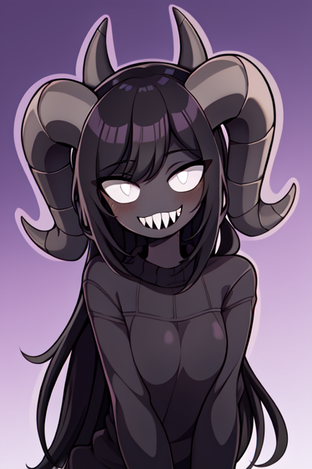 sirenTBOI, solo, 1girl, colored skin, grey skin, black hair, long hair, horns, no pupils, sharp teeth