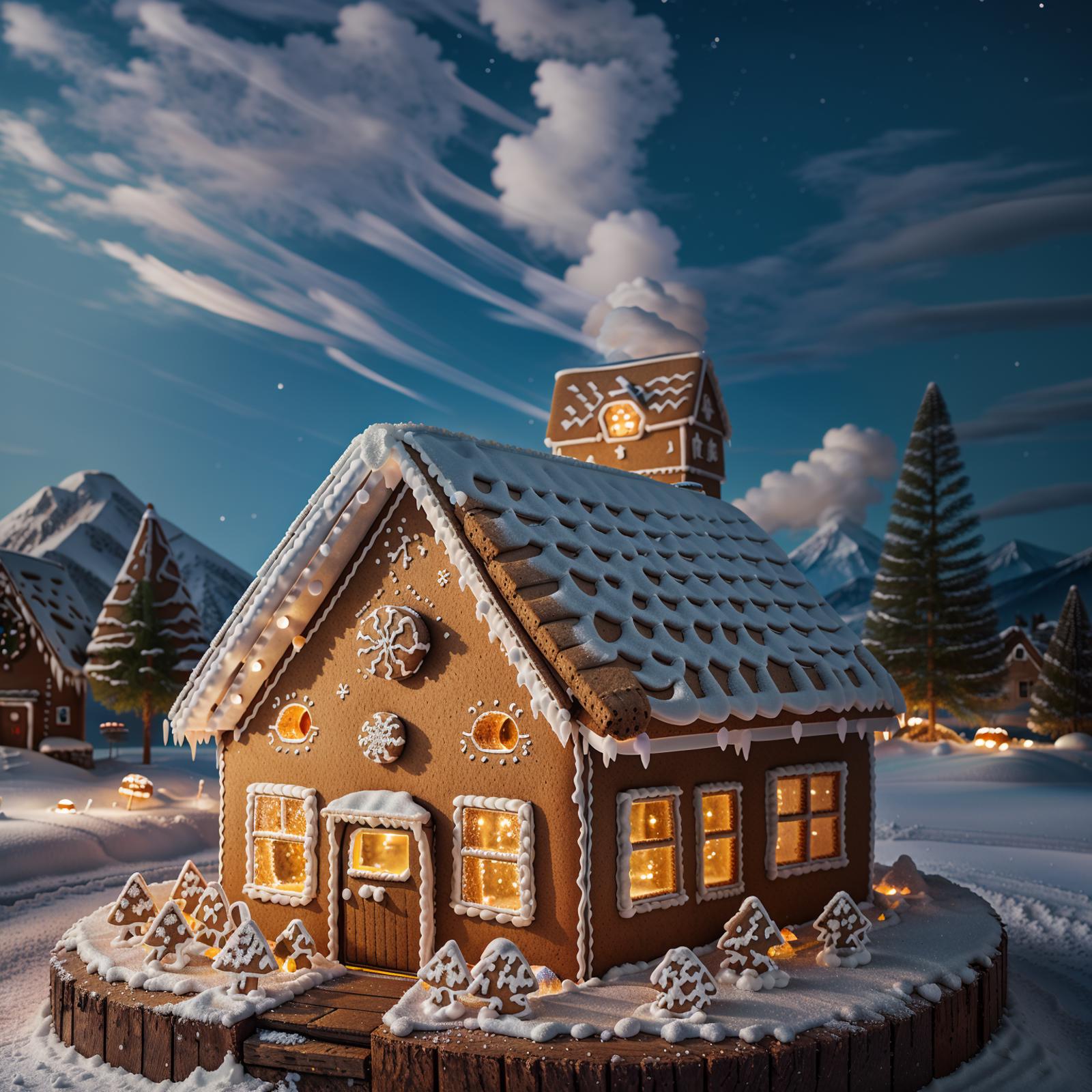 A Gingerbread House with Snow and Lit Windows, Surrounded by Forest Trees