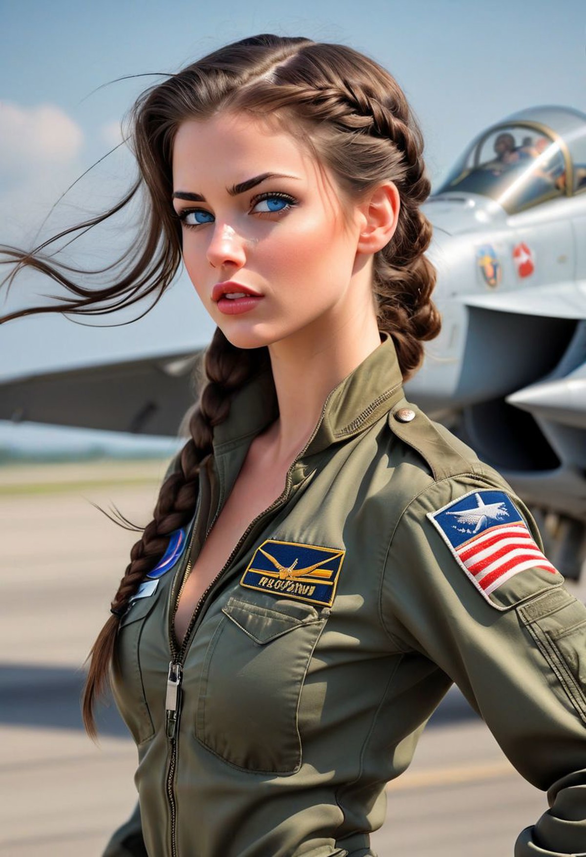 top gun style, sexy beautiful brunette female fighting pilot posing on runway, hair floating in the wind, long sidebraid,
...