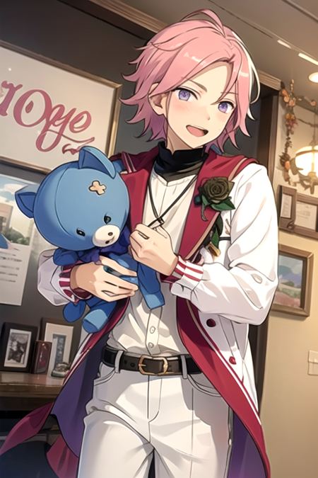 <lora:KohakuES-08:0.7>,kohakues, solo, looking at viewer, blush, smile, short hair, open mouth,shirt, long sleeves, 1boy, holding, purple eyes, pink hair, flower, :d, male focus, cowboy shot, frills, belt, pants, parted bangs, rose, stuffed toy, stuffed animal, pink flower, white pants, balloon, pink rose, my melody,