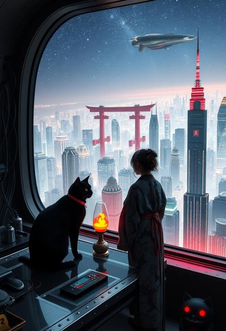 A sleek black cat with red collar sits on a cluttered metal riveted desk with transparent top and rgb led computer components visible inside, On the desk are a maneki neko statue and a lava lamp, the Black Cat is looking out of a seamless and futuristic floor to ceiling window that looks out at thousands of enormous wide and tall futuristic skyscrapers from a large window in a descending spaceship, a beautiful woman, 24 years old, is standing next to the cat looking out at the enormous city at night, filled with buildings of many shapes and sizes, some over a mile tall))), the woman is dressed in an ornate Japanese style bath robe. An enormous deco starship with futuristic lighting and design is visible high above the city, and a space station is visible in the background among the stars, The woman's hair is messy from just waking up and tied up with a ribbon. Artistic cyberpunk, dynamic perspective, (((overall architectural aesthetic is Art Deco Cyberpunk))).  (((A large futuristic building shaped like a torii gate stands among the enormous tokyo structures,)))