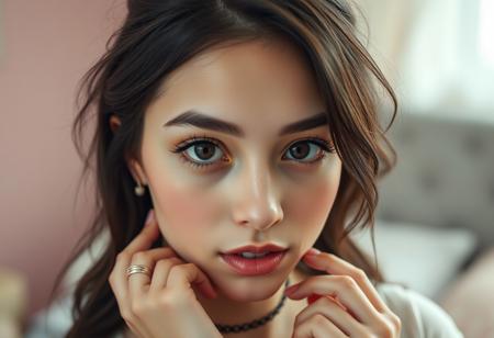 A highly realistic portrait of a 24-year-old alternative girl in soft natural lighting, photographed with a DSLR in a pastel bedroom setting. She has fair skin with visible natural texture — subtle pores, gentle highlights, and a real-skin finish (not airbrushed). Her face has a soft blush, and her dark brown eyes are large but not exaggerated, with almond shape and a very light upward tilt. She has slightly thick, straight eyebrows, a small rounded nose, a well-defined philtrum, and a naturally shaped cupid’s bow. Her lips are proportional and elegant, not overly full, and her two front teeth are slightly more prominent in a cute way. Her hair is dark brown with darker roots, slightly wavy, falling naturally with flyaways. She wears two small hoop piercings on one upper ear, earrings in both ears, a layered choker and chain necklace, and rings on both hands. Shot in soft natural daylight with slight shadows, shallow depth of field, bokeh background. Realistic skin texture, no smoothing, high photographic fidelity.