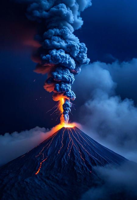 Tilt shift photography style,  from above, The volcano is erupting,( blue Lightning in the plume:1.2), night, ( Unmanned:1.2), thick fog,
