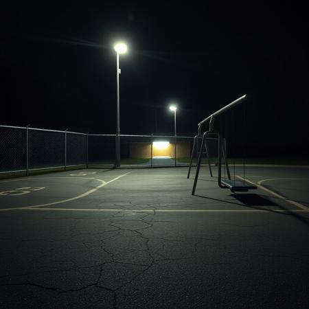 A liminal space of an empty elementary school playground at night, bathed in the dim glow of flickering streetlights. The cracked asphalt, once filled with laughter and running feet, is now eerily silent. The faded hopscotch lines and scuffed four-square courts remain, ghostly reminders of a time that feels distant yet strangely familiar.
The old metal swings creak gently in the night breeze, swaying ever so slightly as if someone just left. The slide, its metal surface cold and reflecting the pale moonlight, stands abandoned. The chain-link fence enclosing the playground rattles softly, the only sound breaking the heavy silence. The dull hum of a distant highway lingers in the air, mixing with the faint scent of chalk and damp pavement.
Beyond the playground, the darkened school building looms, its windows empty and unblinking. A single fluorescent light flickers in a distant hallway, casting long, unsettling shadows. Though no one is here, the place feels alive, as if the echoes of recess and childhood games still cling to the air. This is a place you’ve been before—or maybe just dreamed of—a space between memories, forever paused in time.