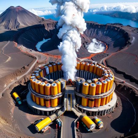 a power forge embedded in a volcano crater, conveyor belts moving molten battery material, engineers in insulated exosuits welding circuits, heat haze distorting the air, massive coils absorbing ambient energy, B4TT3R13S, made of batteries