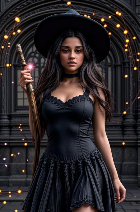 Art photography, tv_Yvette_Monreal_A_V1, , mystical witch casting spells, wearing a black dress, holding a magic staff, standing in a magic circle, magic, magic lights, mystical energy, wrinkles:0.2, pores:0.2, <lora:epiNoiseoffset_v2Pynoise:1> Masterpiece, Best Quality, ultrarealistic photography, real life, colorful, amazing, perfect lighting, bright colors, dramatic, dynamic, cinematic lighting, hyperrealism, intricate details, epic, <lora:LCM_LoRA_Weights_SD15:1>   <lora:detail_slider_v4:0.5>  ,