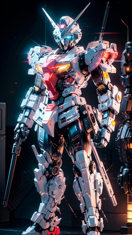 Gundam, solo, looking_at_viewer, blue_eyes, standing, no_humans, glowing, robot, mecha, glowing_eyes, clenched_hands, science_fiction, straight-on, v-fin, mobile_suit,
cinematic lighting,strong contrast,high level of detail,Best quality,masterpiece,White background,<lora:gundam_Transparent:0.7>,